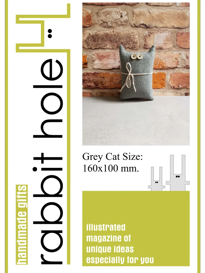 Grey cat sewing pattern PDF digital tutorial in english, stuffed animal sewing diy