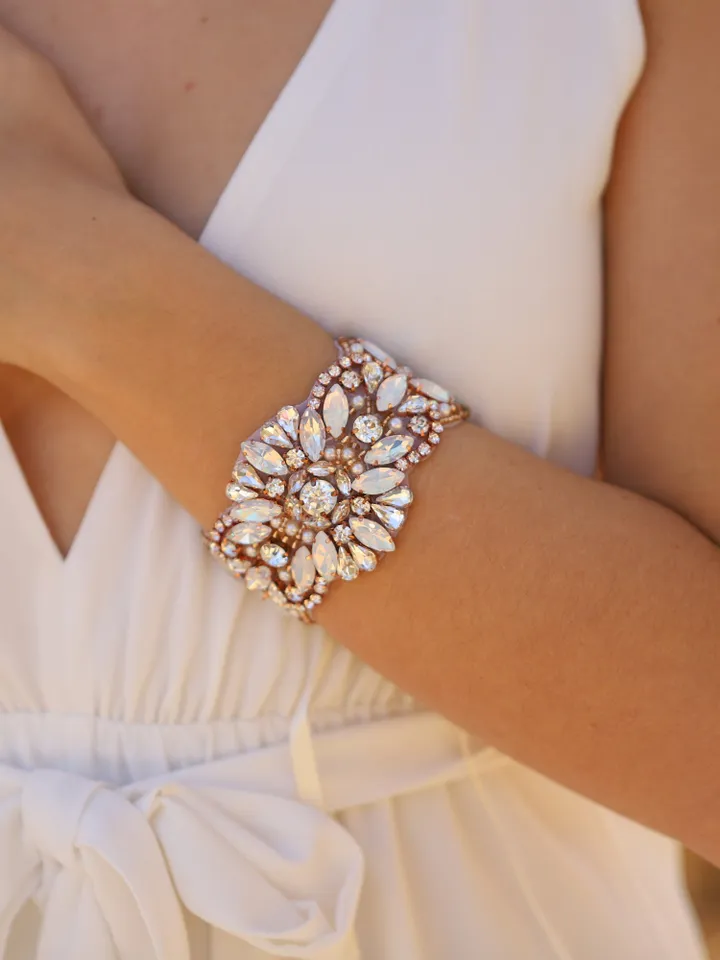 Rose Gold Opal Bridal Cuff, Crystal Wedding Cuff, Crystal Bridal Bracelet, Rhinestone Cuff Bracelet, Vintage Wedding Jewelry, Boho Jewellery