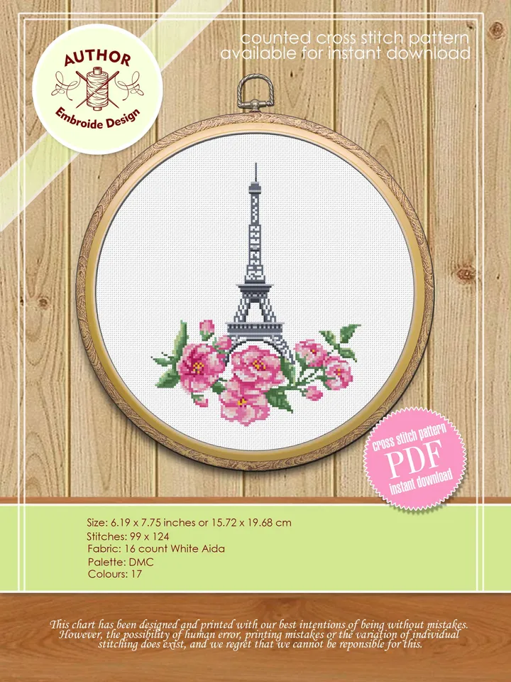 Eiffel Tower cross stitch pattern PDF download Sakura flowers cross stitch Spring beginner stitch Modern France embroidery Paris decor #E3