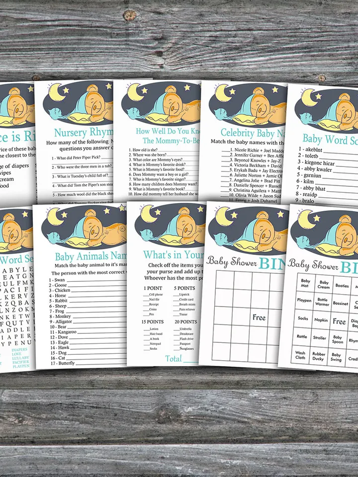 Sleepy Teddy bear baby shower games bundle,Teddy bear Baby Shower games package,Fun Baby Shower Games,9 Printable Games
