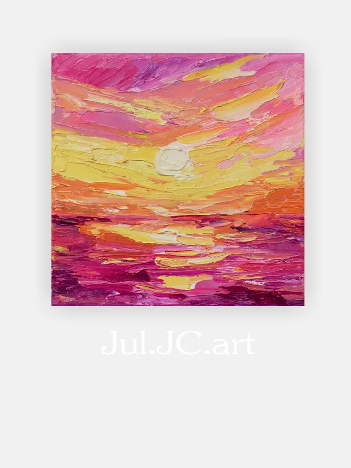 Abstract Seascape art Colorful Sunset small oil painting California coast original artwork 4 by 4 inch Beach art by Juliya JC