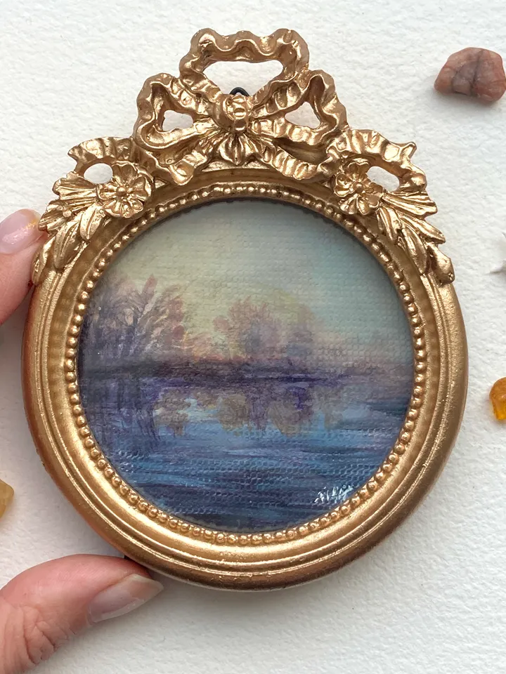 Round Forest Painting Landscape Dark Art Original Moody Victorian Painting Small Framed Wall Decor Gold Frame 4 by 4 Art