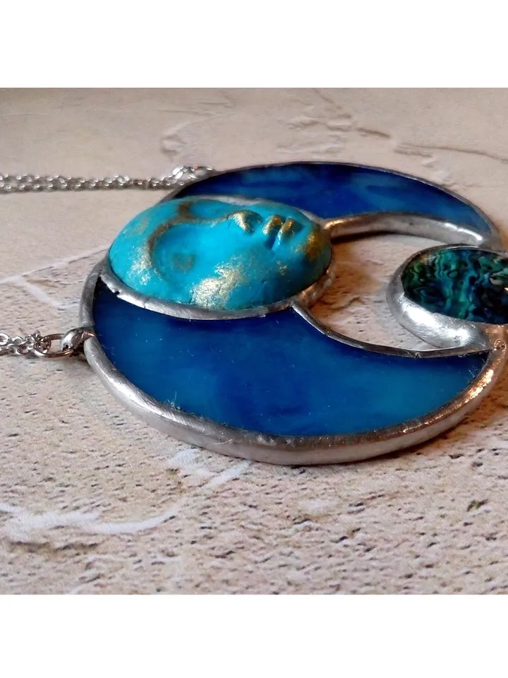 Stained glass blue moon, Moon Goddess, Moon phase necklace, Stainglass crescent, Full moon pendant, Moon face necklace