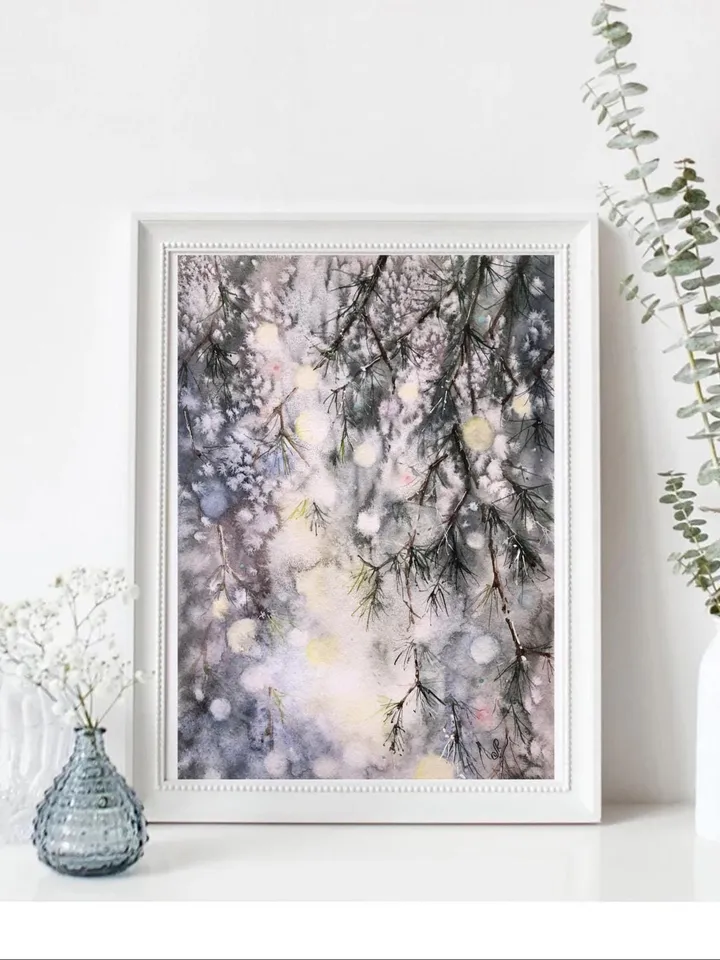 Forest Original Painting Trees Wall Art Winter Watercolor Painting