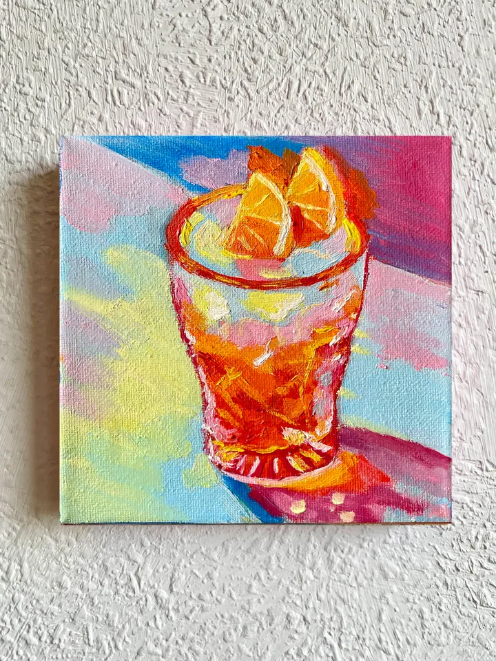Negroni Still Life Painting on Canvas Original Cocktail Drink Wall Art Bar Cart Decor 6"x6"