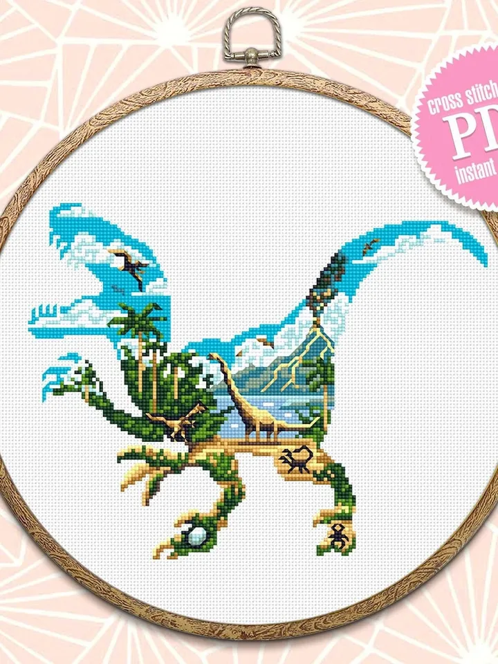 Dinosaur cross stitch pattern download PDF Ancient animal cross stitch chart Dinosaur world cross stitch, Dinosaur silhouette embroidery #D7