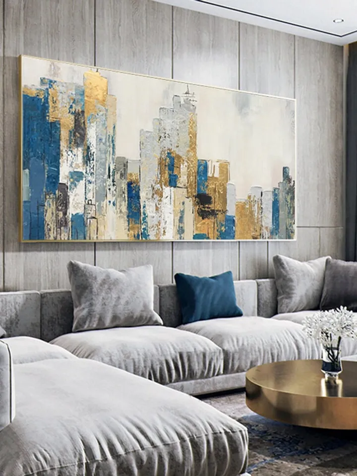 Original Cityscape Oil Painting on Canvas, Large Abstract Gold Leaf City Landscape Acrylic Painting, Modern Blue Living Room Wall Art Decor