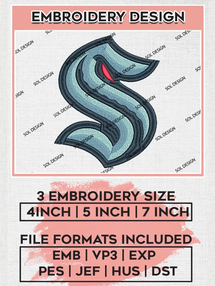 Seattle Kraken Machine Embroidery Files, NHL Seattle Kraken Embroidery Designs, NHL Seattle Logo, NHL Embroidery Design, Hockey Team, Digital Download