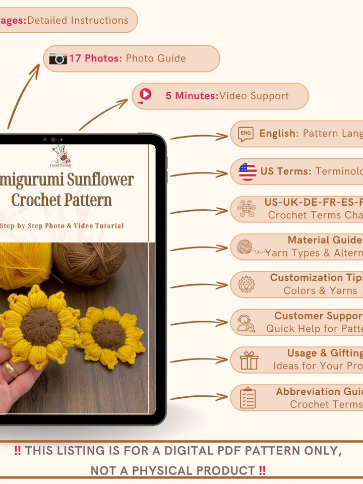 Amigurumi Sunflower Crochet Pattern, 3D Crochet Flower Plush, Stuffed Sunflower Applique PDF, DIY Floral Home Decor, Instant Download