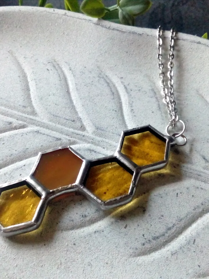 Honeycomb glass necklace, stained glass honeycomb, honey bee decor, bee art, honey bee jewelry, bee lover gift,