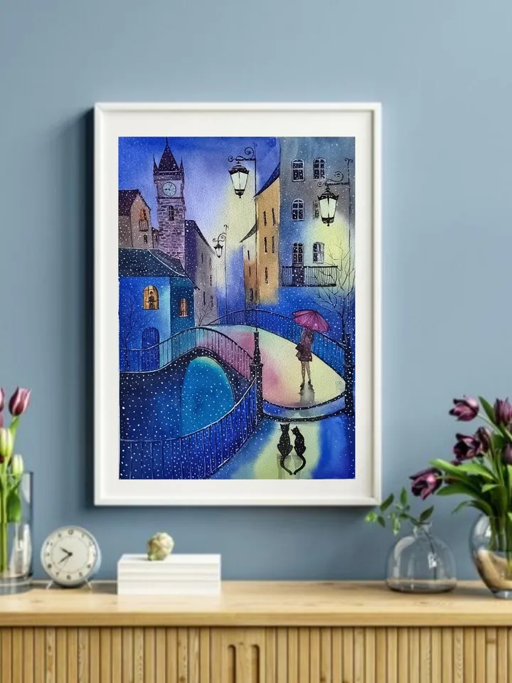 Winter Night Artwork Original Watercolor Painting Snowfall in Old Town 11.81x15.74 in by Art Café