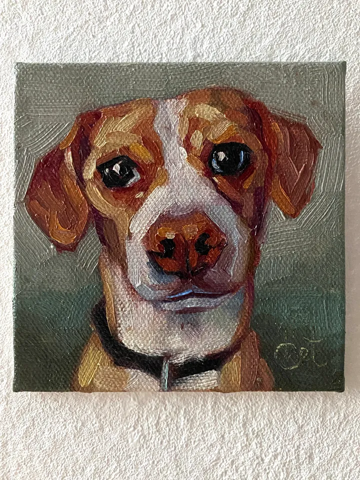 Dog oil painting original, Pet portrait artwork, Animal miniature wall art 4x4