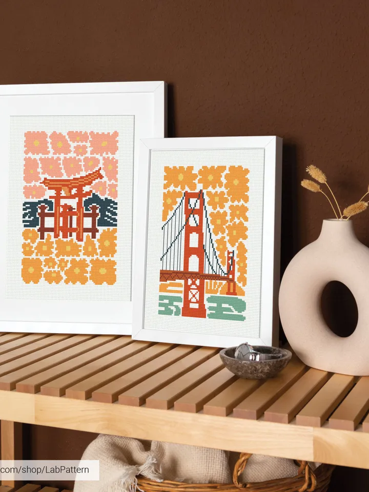 Bundle of 6 mini city Cross stitch patterns contemporary famous architecture Abstract Floral beginner counted modern embroidery instant PDF