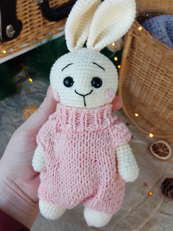 Stuffed bunny toy in pink clothes for nursery gift. Handmade Organic baby toys. Plush toys for baby