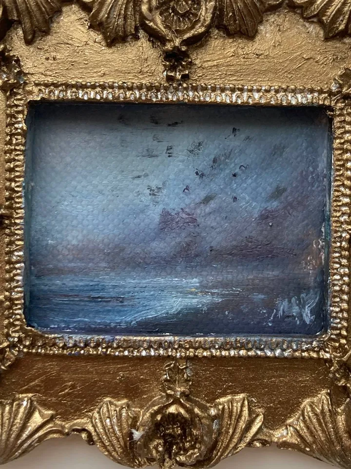 Small Landscape Oil Painting Framed Original Dark Ocean Art Coastal Antique Frame Tiny Paintings 3 x 4 Art Victorian artwork