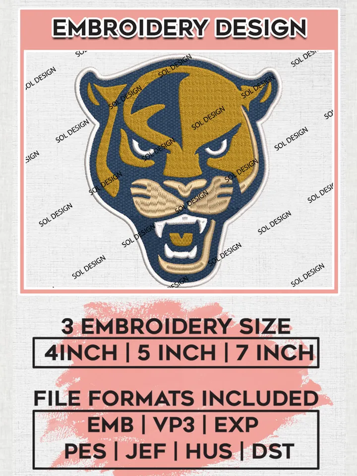 Florida International Panthers Team Head Mascot Logo Embroidery Design Files, NCAA Florida International Panthers Machine Embroidery, NCAA Teams, Game Day, 3 sizes, NCAA Machine embroidery designs, Digital Download