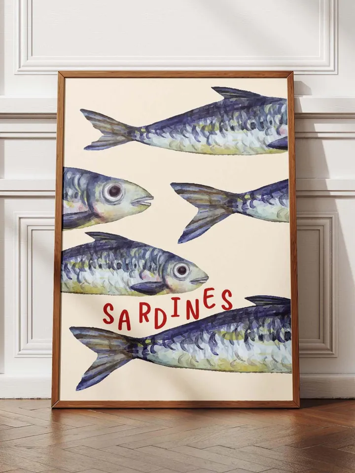 Sardine Wall Art, Sardines Tin Fish Poster, Colorful Kitchen Print, Maximalist Home Decor, Vintage Style Digital Artwork, Retro Sardine Art