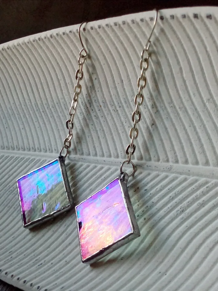 Iridescent stained glass, clear earrings, cute squar earrings, dichroic earrings, duochrome earrings
