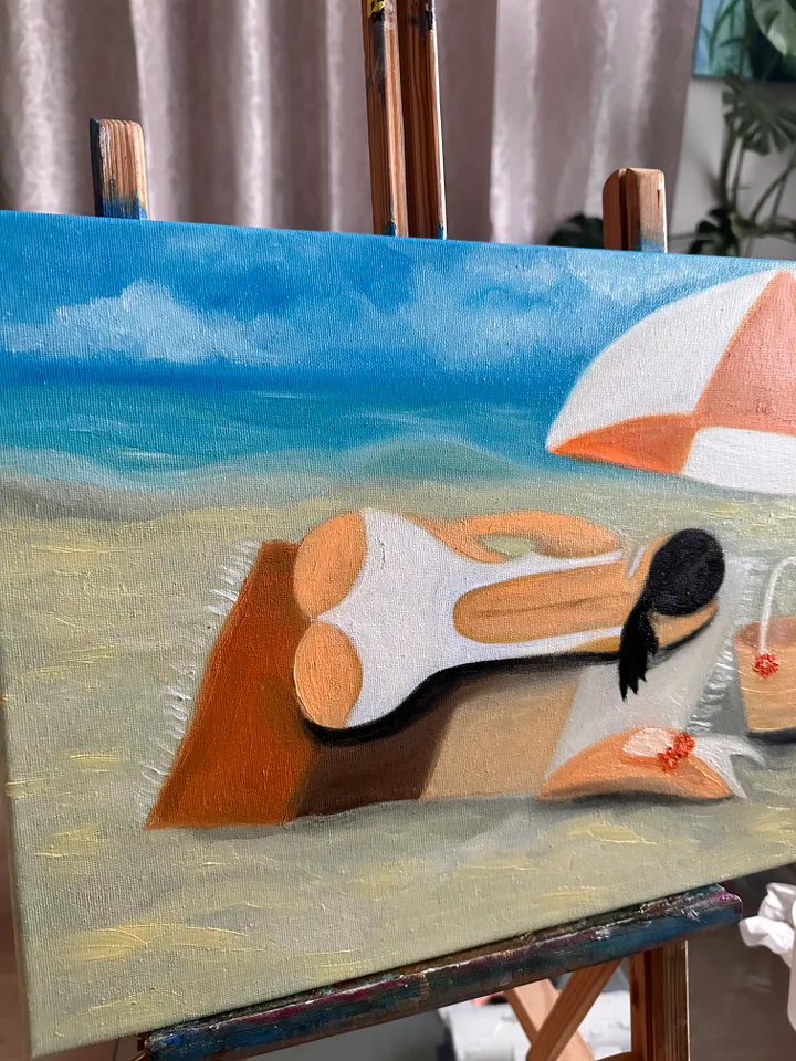 Oil Painting Woman on the Beach Figurative art Women Female Portrait People Seascape Leisure and Travel Stretched Canvas 30 x 40 cm 12 x16 inches Impressionism Modern Art Wall Decor