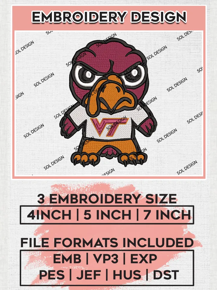 NCAA Virginia Tech Hokies Team Funny Mascot Logo embroidery designs, NCAA Virginia Tech Hokies Logo Machine embroidery designs, NCAA Team Logo embroidery designs, NCAA Game Day Machine embroidery designs, Digital Download