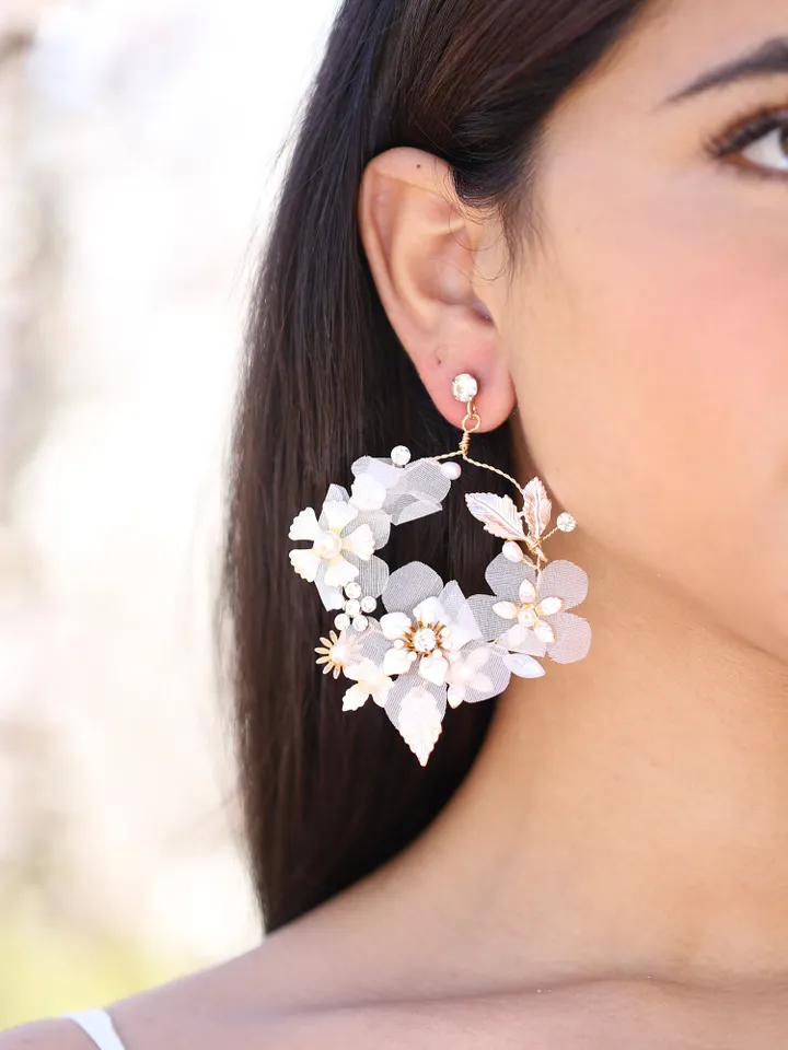 Hoop Flower Wedding Earrings, Floral Wedding Earrings, Floral Bridal Earrings, Boho Statement Wedding Earrings, Statement Bridal Earrings,