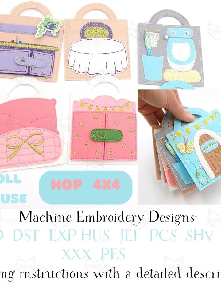 ITH Felt Dollhouse Quiet Book Embroidery Design Pattern, Activity Travel Toy Book Pages, 4x4 Hoop Digital File