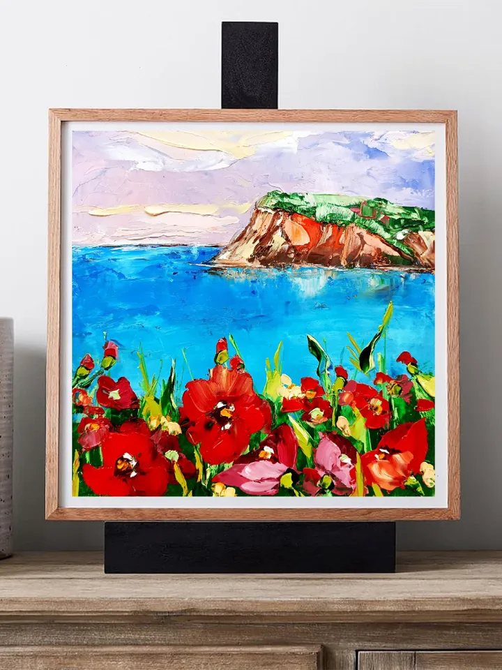 Poppy Painting Tuscany Original Art Seascape Oil Painting Impasto Small Artwork 8х8 Tuscan Serenity Original Gifts Impasto Oil Painting