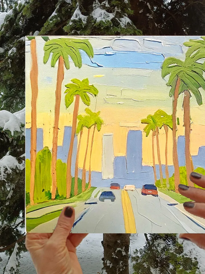 Los Angeles Painting Street Original Art Impasto Scene Sunset Boulevard Impressionist Oil Painting Palm Trees Car Cityscape Art Gift