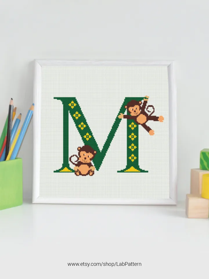Letter M Monkey ABC Cross stitch pattern | Embroidery Pattern | Instant Download | Embroidery Designs