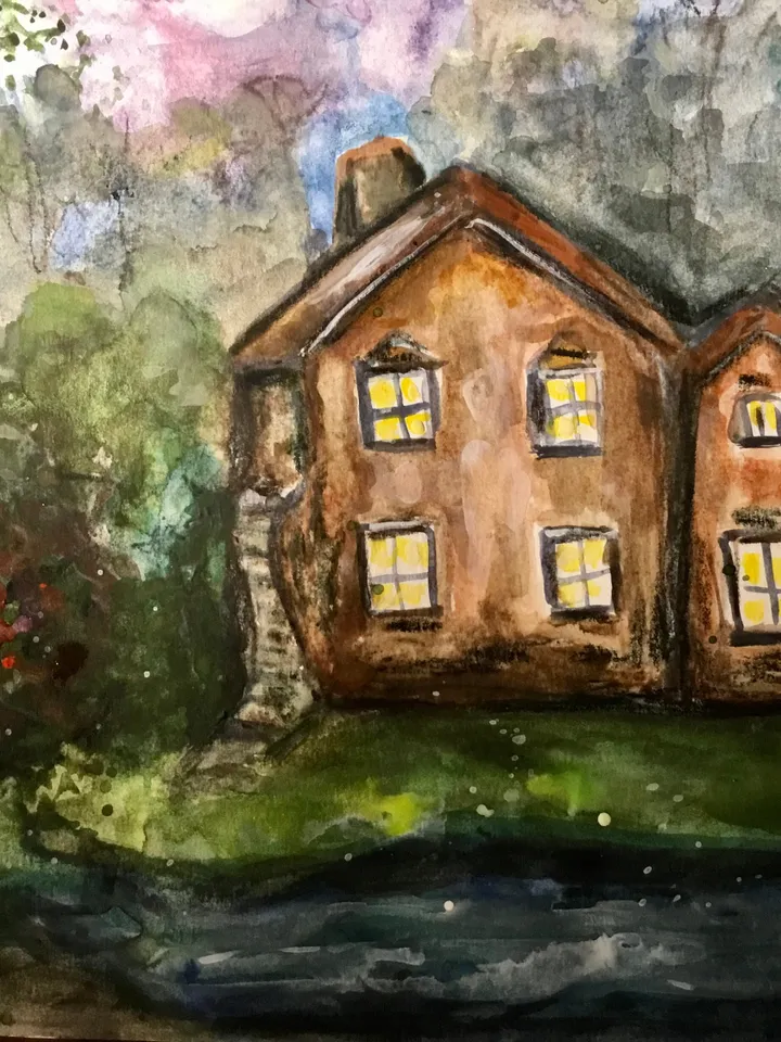Mysterious House in the woods,original watercolour painting,forest painting,river,landscape painting,unique handmade painting,home decor