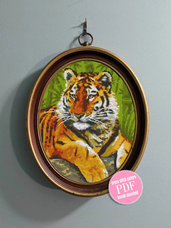 Tiger cross stitch pattern download PDF Wild animal cross stitch chart, Nature hand embroidery PDF Big tabby cat cross stitch Home decor #K5