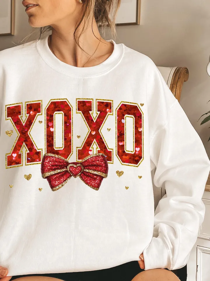 Valentine XOXO Coquette Sparkly Glitter Png, Valentines Day Shirt Design, Valentines Day PNG, Xoxo PNG, Red Faux Sequins Valentines Png