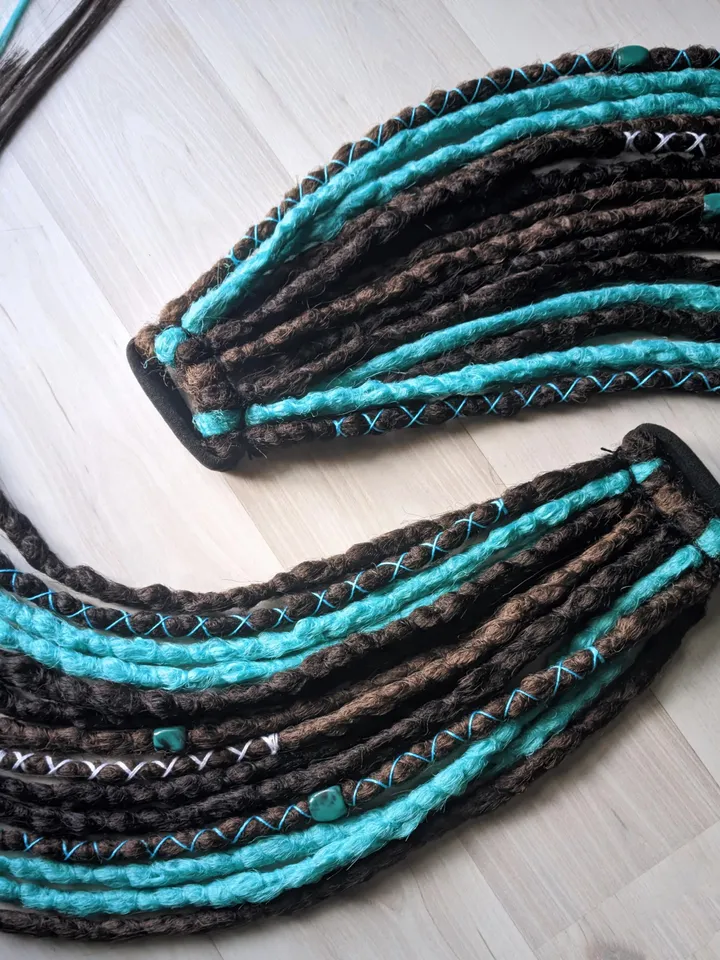 Dreads on hair tie Ponytail dreadlocks for party Brown mix with mint crochet dreads with decorations Bohemian boho hippie hairstyle
