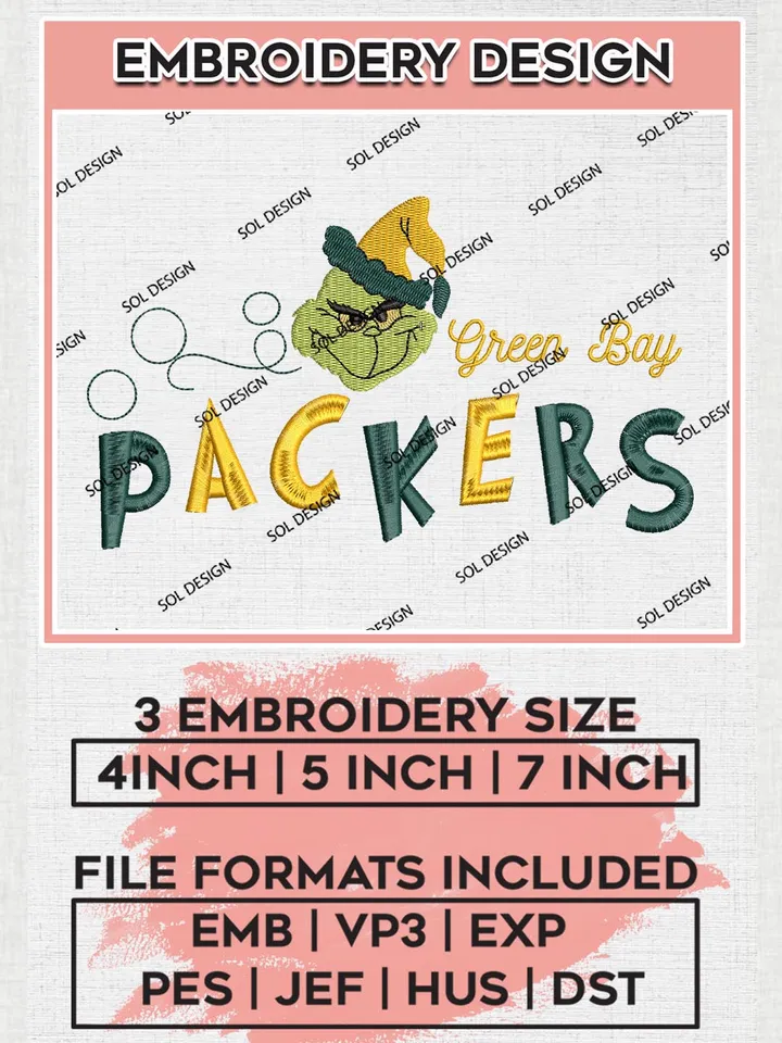 Christmas Grinch Green Bay Packers Embroidery Designs, Grinch Embroidery Files, NFL Packers  Machine Embroidery Designs, NFL Green Bay Packers Logo, NFL Christmas Machine Embroidery Design, Digital Download