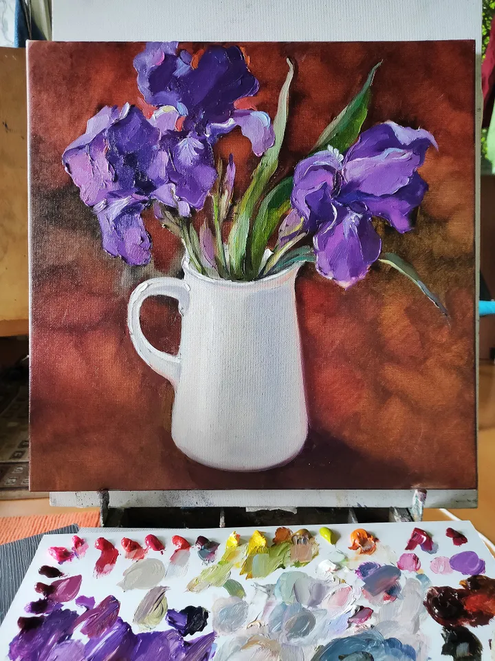 Oil Painting Bouquet of Flowers Irises Original Painting on Canvas Wall Art Impasto Painting Purple Flowers 16 x 16 inches Artist Natalia