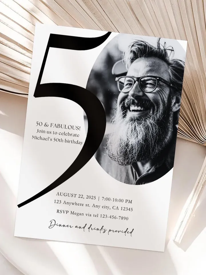 50th Birthday Party Invitation Card, Look Who's 50, Editable 50th Birthday Card Template, Printable Minimalist Birthday Photo Canva Invites
