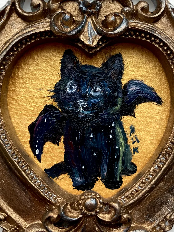 Bat Cat Painting Small Original Framed Art Goth Bat Gifts, Mini Gold Framed Decor, Cat Bat, Black Cat Art, Tiny Art Whimsigoth Decor