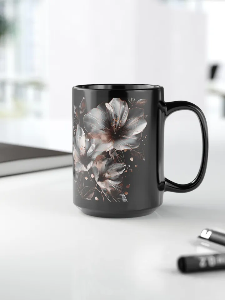 Elegant Floral Mug, Botanical Coffee Cup, Black Ceramic Drinkware, Gift for Gardeners, Mother's Day Present
