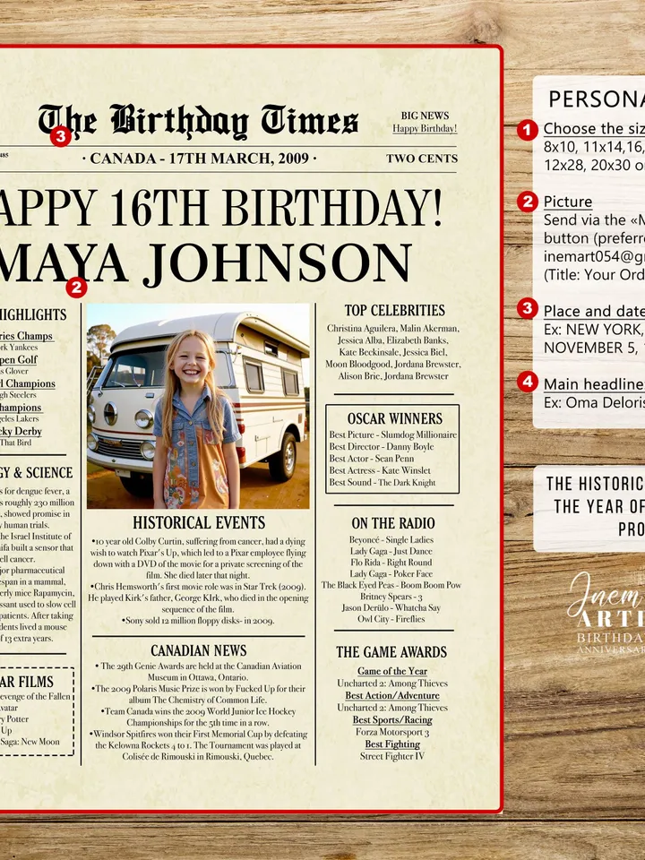 16th Birthday Newspaper Poster Sign, Sweet 16 Birthday Poster CANADA, 16 Years Ago Back in 2009, 16th Birthday Gift, Sweet 16 decoration
