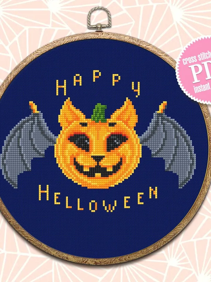 Happy Halloween cross stitch pattern download PDF Kawaii Halloween cat cross stitch Halloween quotes xstitch Cute Halloween embroidery #H4