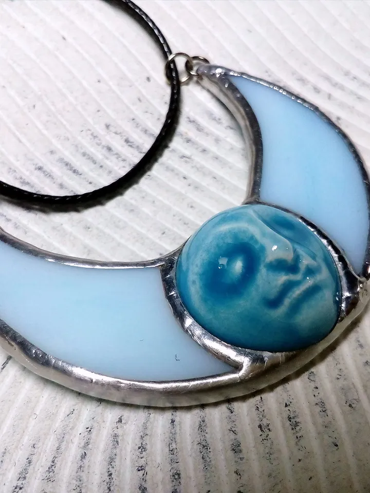Stained glass blue moon, moon phase necklace, stainglass crescent, full moon pendant, moon face