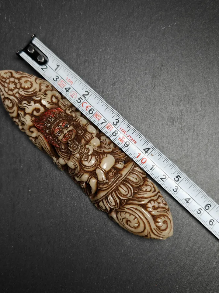 Leg Bone Carved Mahakala Statue,Nak po chen po Kapala Amulet Badge,Gandhanara Old Tibetan Buddhism,20th,140mm × 36mm