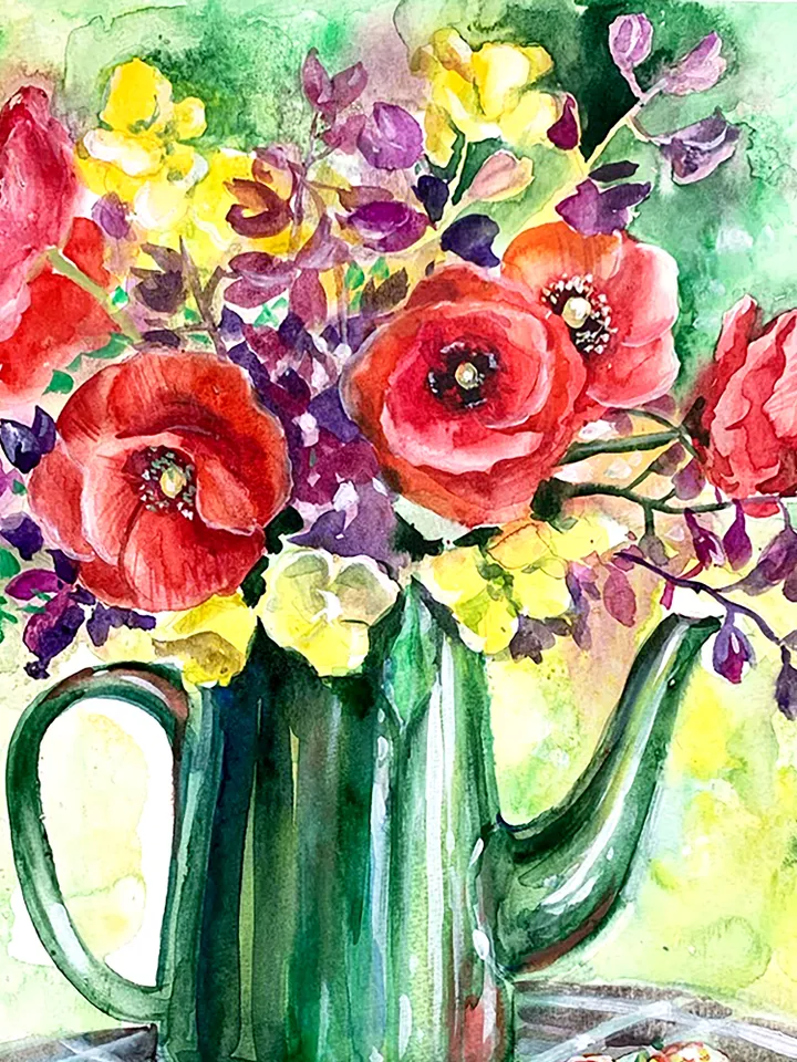 Summer bouquet with poppies, watercolor painting