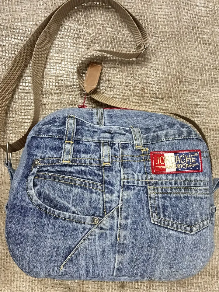 Unusual cute handmade denim bag with pockets - adjustable strap