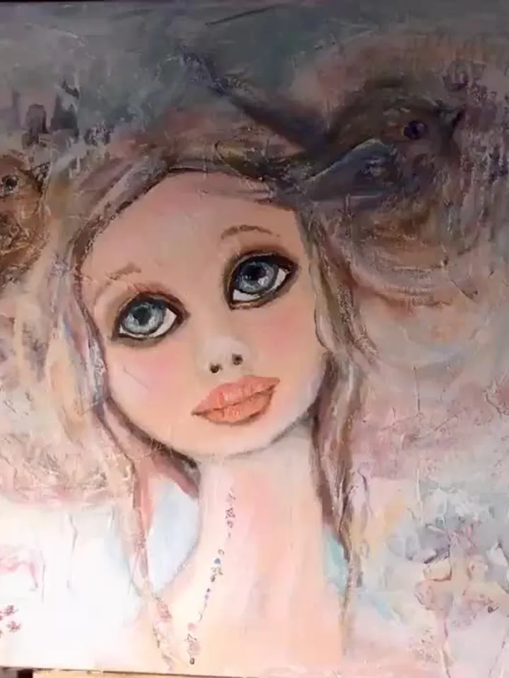 Lucky dreamer- mix media doll and birds painting on stretched canvas,original painting,one of a kind.
