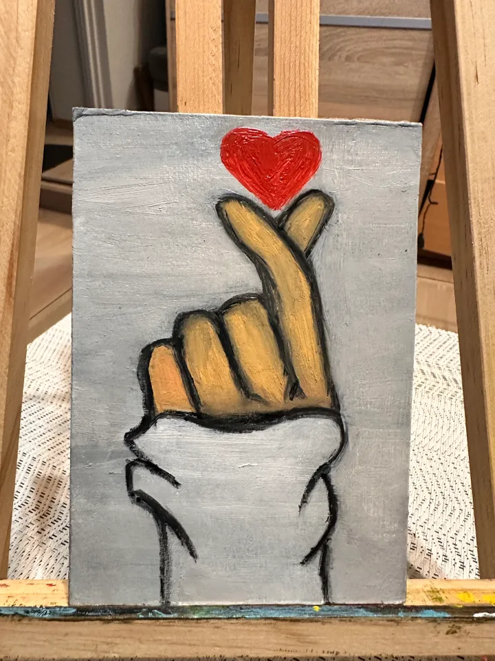 Oil Painting Female Hand Sign ,,Heart,, Figurative People Cardboard 6x4 inch 15x10 cm Miniature Wall Decor Gift