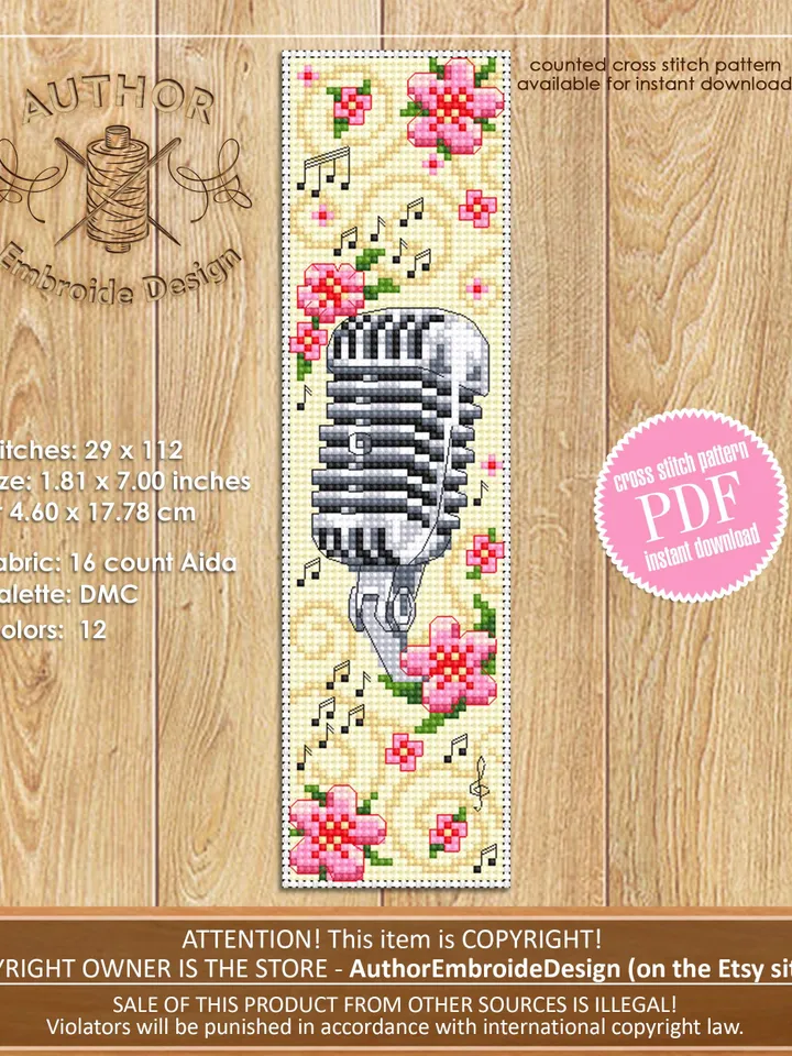 Music bookmark set cross stitch pattern PDF download Treble clef cross stitch chart, Flower bookmark pattern digital, Music lover gift #B412