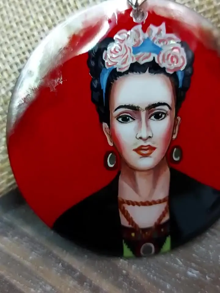 Pearl pendant necklace: Red Self-portrait by Frida Kahlo on mother-of-pearl pendant. Gorgeous necklace for feminists. Handmade Jewelry gift