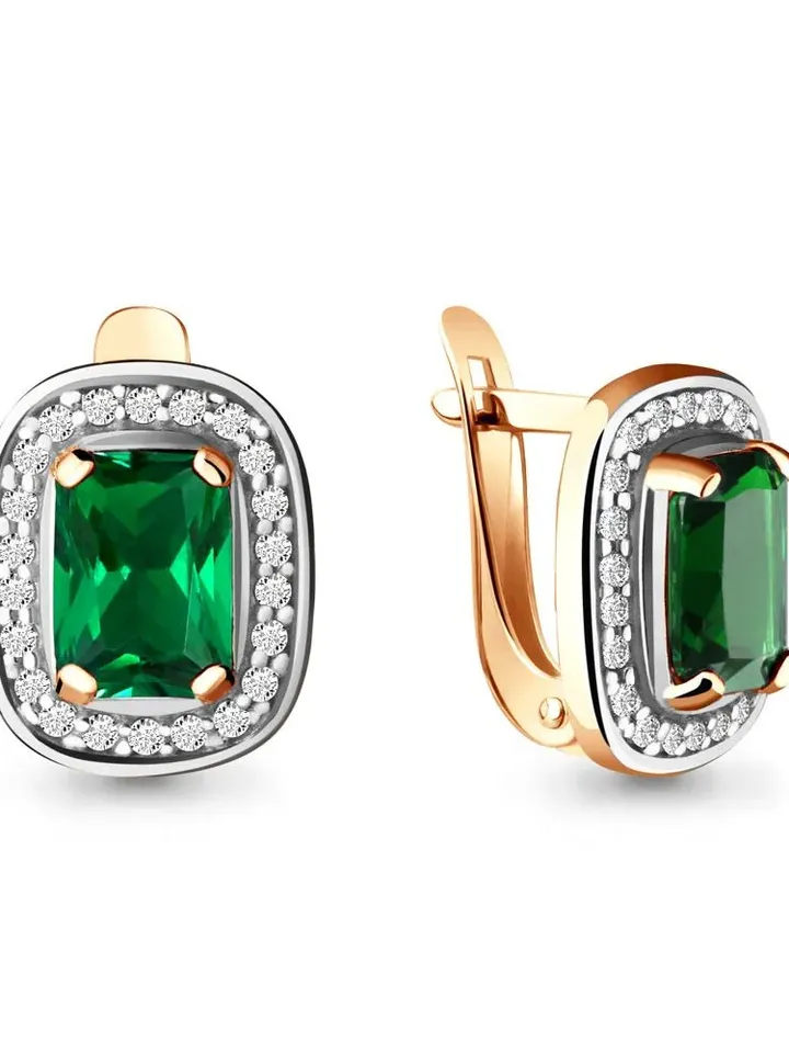 Earrings silver 925, gold plated with emerald and cubic zirconia
