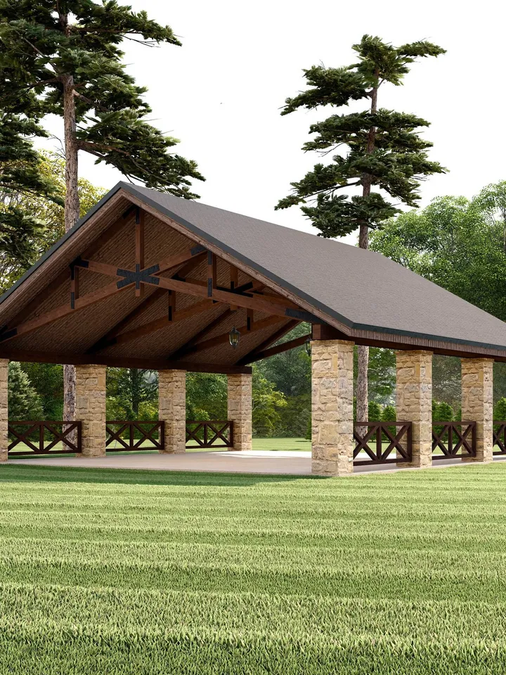 36'x38' Large Timber Frame  Pavilion Plans, Commercial Outdoor Canopy Blueprints